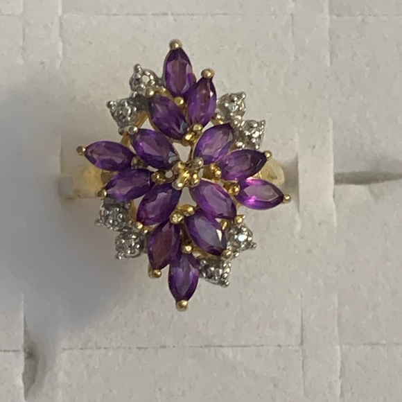 Jewelry - Simulated Amethyst/Diamond cocktail ring Sterling Silver 925 gold plated Size 7